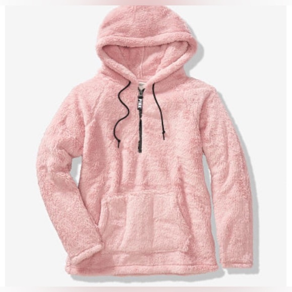 PINK Victoria's Secret Jackets & Blazers - Victoria's Secret PINK Teddy Half Zip Pullover Hoodie pink color size  S